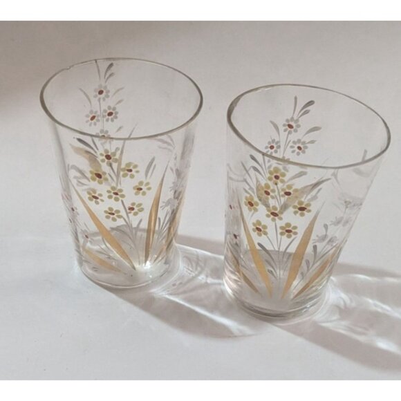 Hand-Painted Vintage Flower Glasses Set Of 2 Elegant Clear Tumblers With Yellow - Picture 2 of 8